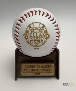 Personalized engraved keepsake baseball with custom logo, player name and jersey number