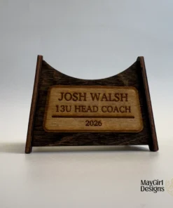 Custom engraved baseball display stand with personalized coach nameplate