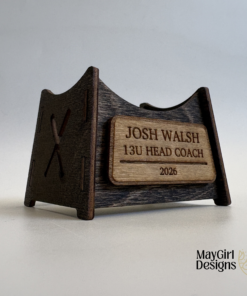 Custom engraved baseball display stand with personalized coach nameplate