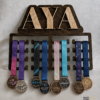 Personalized custom sports medal holder with name display and hanging dance competition medals