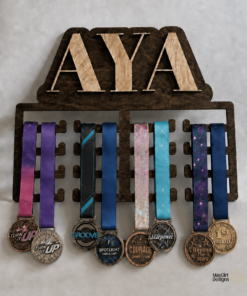 Personalized custom sports medal holder with name display and hanging dance competition medals