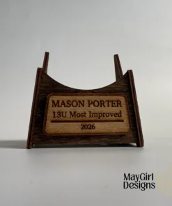 Custom engraved hockey display stand with personalized coach nameplate