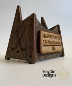 Custom engraved puck display stand with personalized coach nameplate