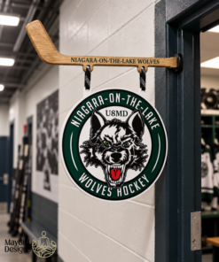 Custom hockey dressing room door sign with magnetic hockey stick hanger