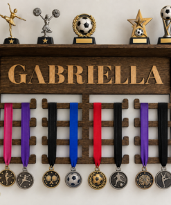 Personalized custom sports trophy and medal holder with name display and competition trophies and medals