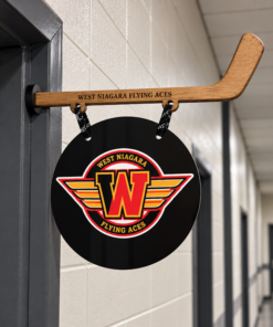 Custom hockey dressing room door sign with magnetic hockey stick hanger